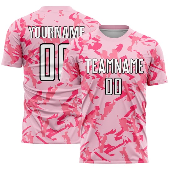Maillot rose clair personnalisé motif géométrique abstrait uniforme de football noir-rose motif sublimation Maillot rose clair personnalisé motif géométrique abstrait uniforme de football noir-rose motif sublimation