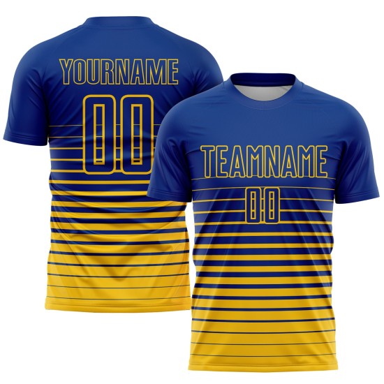 Maillot de football à rayures fines, personnalisé, jaune, dégradé, sublimation, royal Maillot de football à rayures fines, personnalisé, jaune, dégradé, sublimation, royal