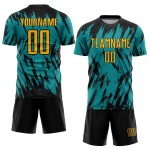 Maillot de football personnalisé à sublimation dorée, noir et bleu sarcelle