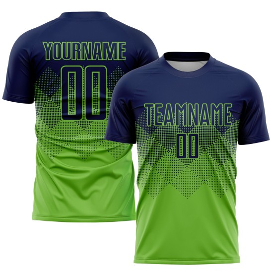 Maillot vert fluo, uniforme de football bleu marine personnalisé par sublimation Maillot vert fluo, uniforme de football bleu marine personnalisé par sublimation