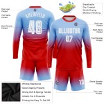 Maillot de football à manches longues, bleu délavé, à la mode, personnalisé, blanc et rouge, sublimation légère