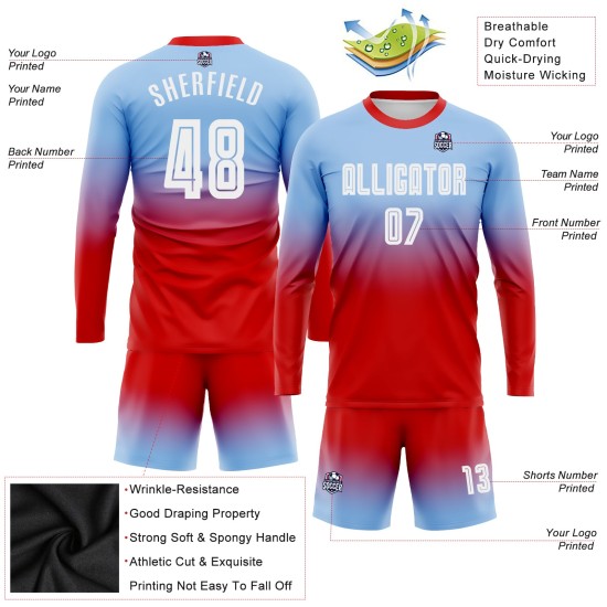 Maillot de football à manches longues, bleu délavé, à la mode, personnalisé, blanc et rouge, sublimation légère