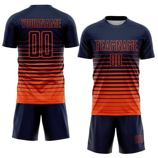 Maillot de football personnalisé à rayures fines, orange, bleu marine, dégradé, sublimation Maillot de football personnalisé à rayures fines, orange, bleu marine, dégradé, sublimation