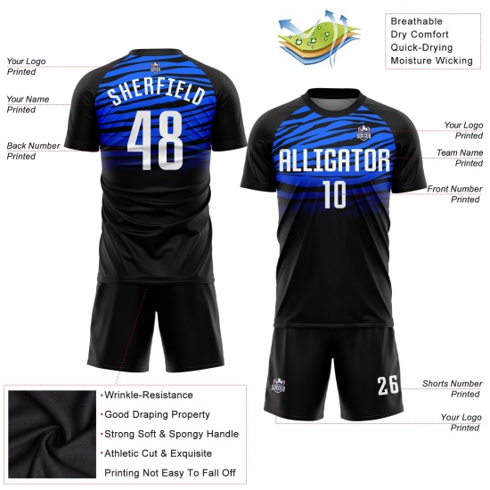 Maillot de football noir personnalisé par sublimation, blanc et bleu roi