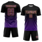 Maillot de football personnalisé à rayures fines, violet et or, à la mode, noir, par sublimation Maillot de football personnalisé à rayures fines, violet et or, à la mode, noir, par sublimation