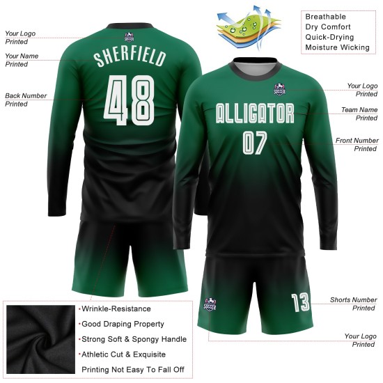 Maillot de football personnalisé à sublimation blanc-noir, uniforme à manches longues vert délavé