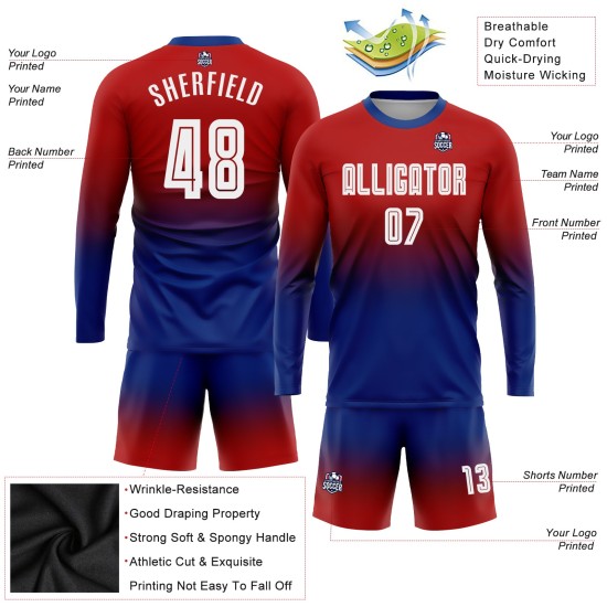 Maillot de football personnalisé à manches longues, rouge, à la mode, dégradé de blanc et de bleu royal